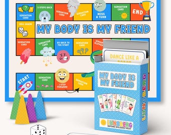 May include: A board game titled "My Body Is My Friend" with a blue box of cards and a game board. The game includes dice, colorful game pieces, and cards with illustrations and text. The text "PRINTABLE PDF | A4 & US LETTER" is at the top.
