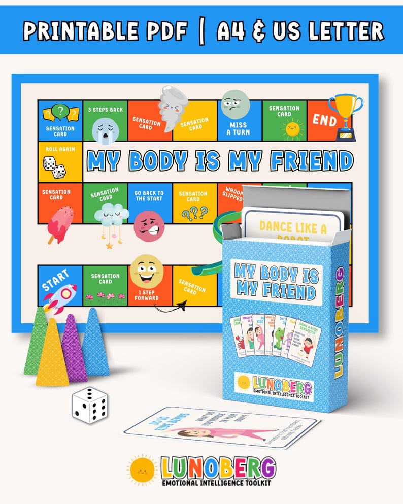 May include: A board game titled "My Body Is My Friend" with a blue box of cards and a game board. The game includes dice, colorful game pieces, and cards with illustrations and text. The text "PRINTABLE PDF | A4 & US LETTER" is at the top.