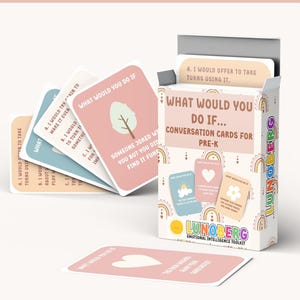 May include: A set of "What Would You Do If..." conversation cards for Pre-K. The cards are pink, blue, and white with illustrations and text. The box is white with the Lunoberg logo and text. The top of the box reads "Printable PDF | A4 & US LETTER".