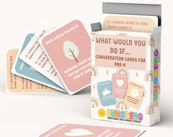 May include: A box set of "What Would You Do If..." conversation cards for Pre-K. The cards are pink, blue, and white with illustrations and text. The box is white with the Lunoberg logo and text. The top of the box reads "Printable PDF | A4 & US LETTER".