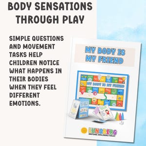 May include: A white book titled "My Body Is My Friend" with a colorful board game design. The book is part of the "Emotional Intelligence Toolkit" by Lunoberg. Text on the cover reads "Recognizing Body Sensations Through Play". Includes game cards and colorful game pieces.