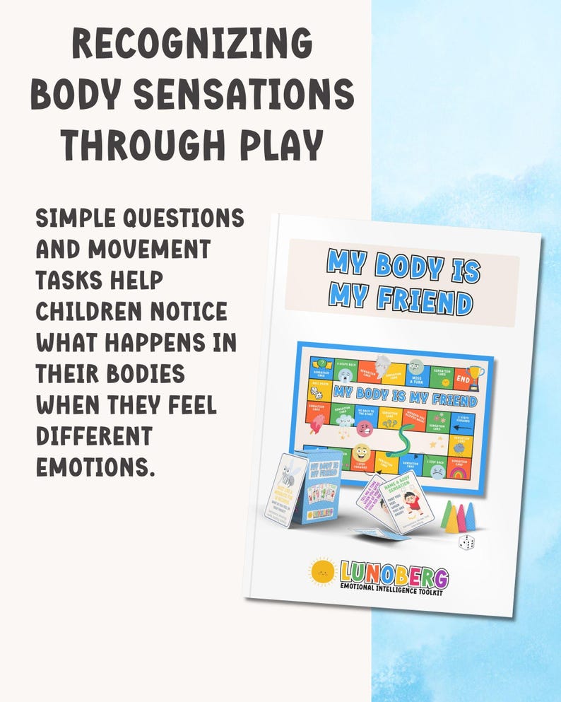 May include: A white book titled "My Body Is My Friend" with a colorful board game design. The book is part of the "Emotional Intelligence Toolkit" by Lunoberg. Text on the cover reads "Recognizing Body Sensations Through Play". Includes game cards and colorful game pieces.