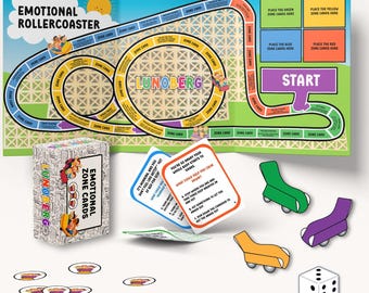 May include: A colorful board game titled "Emotional Rollercoaster" with a track, cards, game pieces, and a die. The game includes a box of "Emotional Zone Cards" and is designed as a printable PDF, suitable for A4 and US Letter sizes.