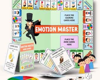 May include: A colorful "Emotion Master" game board with cards and game pieces. The game includes a board, cards, dice, and character cutouts. The game is designed to help children understand and manage their emotions. The game is a printable PDF.