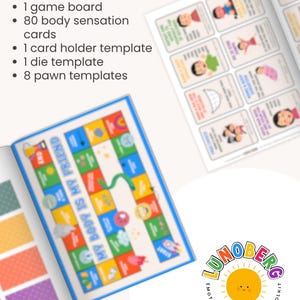 May include: A colorful game board with the text "MY BODY IS MY FRIEND" is open, along with cards featuring illustrations of children and emotions. The image also shows the text "WHAT'S INCLUDED" listing a game board, cards, and templates. The Lunoberg logo is in the bottom right.
