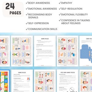 May include: A game with 24 pages, supporting body awareness, empathy, emotional awareness, self-regulation, recognizing body signals, emotional flexibility, self-expression, communication skills, and confidence in talking about feelings. Includes game rules and dice.