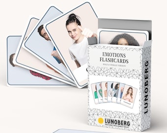 May include: A set of Emotions Flashcards, Male & Female Version, with the Lunoberg logo. The cards feature images of people expressing different emotions. The box and cards are white with a geometric design. The text "PRINTABLE PDF | A4 & US LETTER" is at the top.