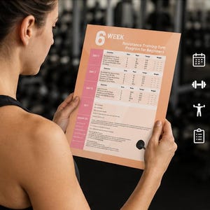 May include: A peach-colored 6-week resistance training gym program for beginners. The program includes 3 workouts per week and is beginner-friendly. The text on the program is easy to follow.
