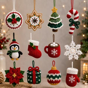 May include: A collection of twelve crocheted Christmas ornaments including a holly circle, star, tree, candy cane, penguin, stocking, mug, snowflake, poinsettia, gift, bauble, and mitten, each featuring a hanging loop for display.