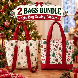 May include: A 2 Bags Bundle Tote Bag Sewing Pattern featuring two quilted tote bags. One bag has a cream background with green Christmas trees and red bows. The other features a festive print of Santa, reindeer, and trees with a solid red base.