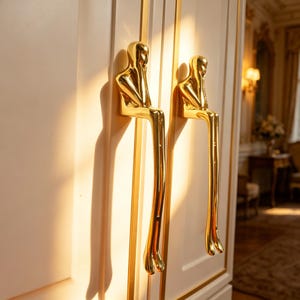 May include: Gold-coloured cabinet door handles shaped like seated figures. The handles are mounted on a white cabinet door with gold trim. The design is artistic and elegant, suitable for luxury furniture.