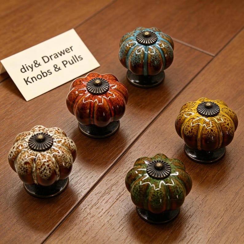 Pode incluir: Cinco puxadores de arm&aacute;rio de cer&acirc;mica coloridos em forma de ab&oacute;bora com ferragens em tom bronze. Os puxadores s&atilde;o em tons de azul, laranja, amarelo, verde e castanho. O texto "diy & Drawer Knobs & Pulls" est&aacute; num cart&atilde;o branco. Cada puxador tem cerca de 4 cm de di&acirc;metro.