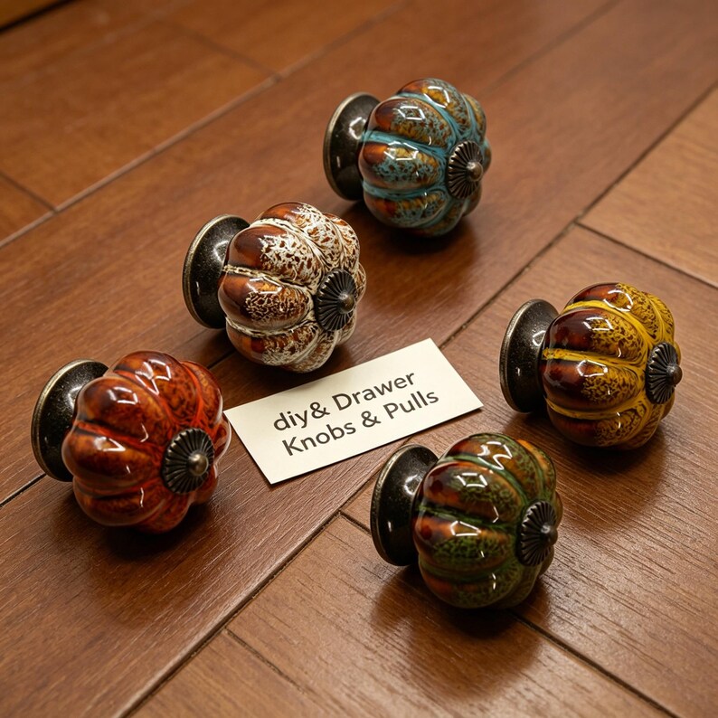 Pode incluir: Cinco puxadores decorativos para arm&aacute;rios em v&aacute;rias cores, incluindo laranja, castanho, amarelo, verde e azul. Cada puxador tem um design texturizado em forma de ab&oacute;bora e uma base de metal escuro. O texto "diy & Drawer Knobs & Pulls" est&aacute; num cart&atilde;o branco.