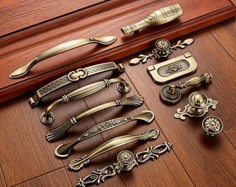 Puxadores de armário vintage em bronze antigo, puxadores de gaveta em estilo vitoriano, puxadores ornamentados para armários de cozinha.