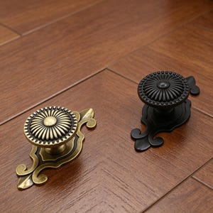 Può includere: Due pomelli decorativi per mobili. Uno è in ottone anticato con un motivo floreale, l'altro è nero con un motivo simile. Entrambi hanno placche posteriori ornate e sono su uno sfondo di legno.