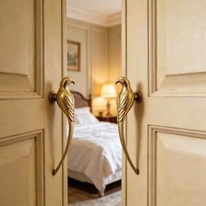 May include: A pair of open, cream-colored doors with ornate, gold-colored bird-shaped handles. The handles are detailed with feathers and a curved tail. The doors open to reveal a bedroom with a bed and a lamp.