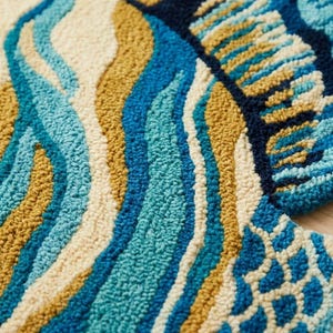 May include: Close-up of a colourful rug with a textured surface. The rug features a pattern of flowing lines in shades of blue, teal, cream, and gold. The design has a soft, inviting appearance.