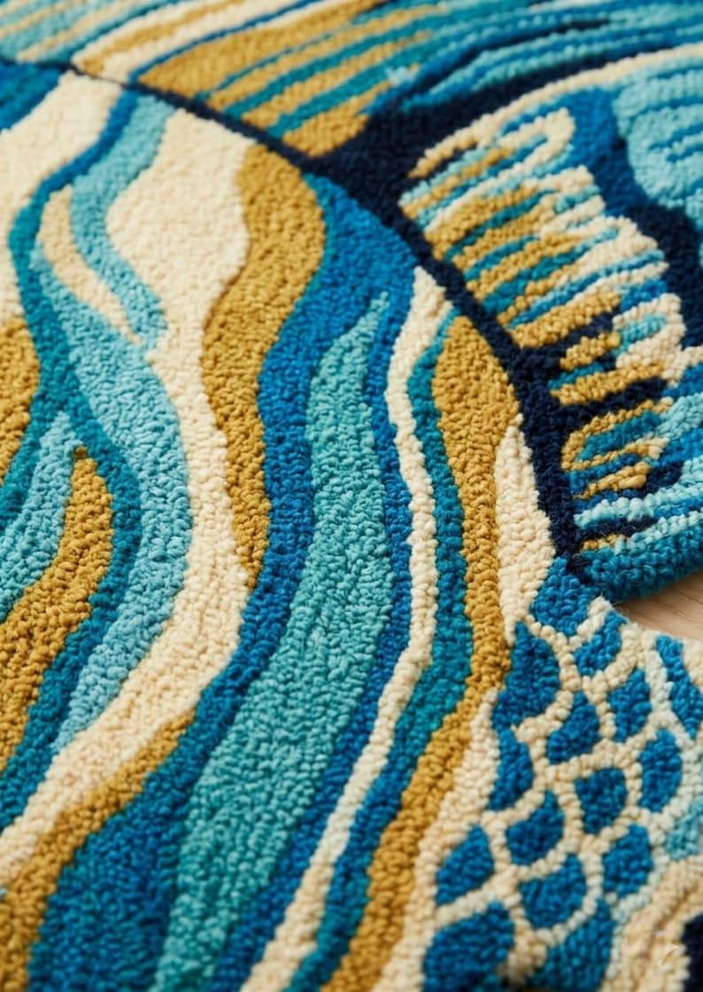 May include: Close-up of a colourful rug with a textured surface. The rug features a pattern of flowing lines in shades of blue, teal, cream, and gold. The design has a soft, inviting appearance.