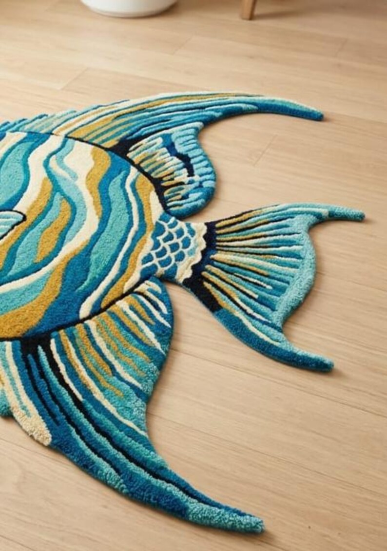May include: A colourful, fish-shaped rug in shades of blue, teal, and gold. The rug has a detailed design with textured patterns, resembling scales and fins. The rug is placed on a light-coloured wooden floor.