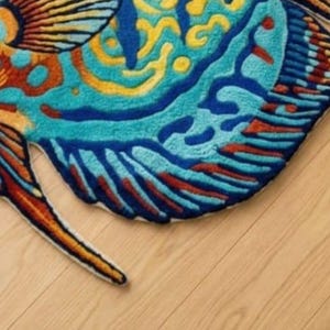 Op de afbeelding: Een kleurrijk, visvormig tapijt met een gedetailleerd ontwerp. Het tapijt heeft tinten blauw, turquoise, geel, oranje en rood. Het tapijt ligt op een lichtgekleurde houten vloer.