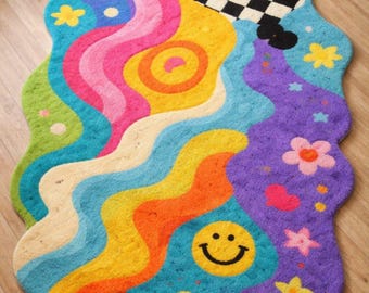 Irregular Shape Rainbow Rug, Retro Y2K Dopamine Decor, Groovy Smiley Face Carpet