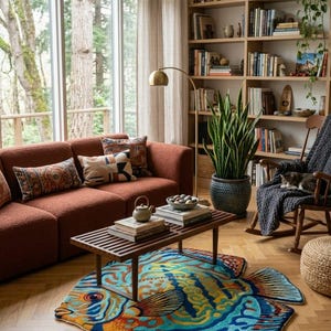 Op de afbeelding: Een gezellige woonkamer met een roestkleurige bank, kussens met patronen en een houten salontafel. Een kleurrijk visvormig tapijt ligt op de houten vloer. Een grote boekenkast, een vloerlamp en een potplant maken de inrichting compleet.