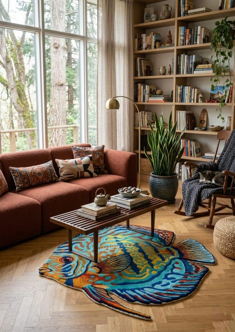 Op de afbeelding: Een gezellige woonkamer met een roestkleurige bank, kussens met patronen en een houten salontafel. Een kleurrijk visvormig tapijt ligt op de houten vloer. Een grote boekenkast, een vloerlamp en een potplant maken de inrichting compleet.