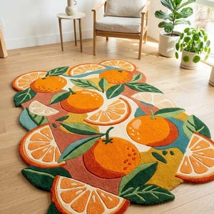 May include: A colorful, orange-themed rug with a unique shape. The rug features large orange slices and whole oranges with green leaves against a backdrop of various colors. The rug is placed on a wooden floor.