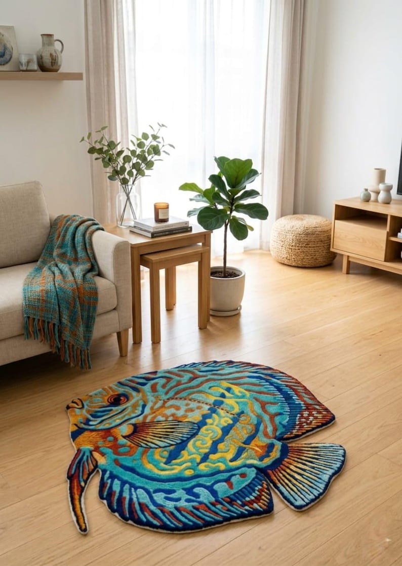 Op de afbeelding: Een kleurrijk, visvormig vloerkleed met een gedetailleerd ontwerp in blauw, geel en oranje. Het kleed ligt op een houten vloer in een woonkamer en voegt een decoratief element toe aan de ruimte. Afmetingen: ongeveer 150 cm.