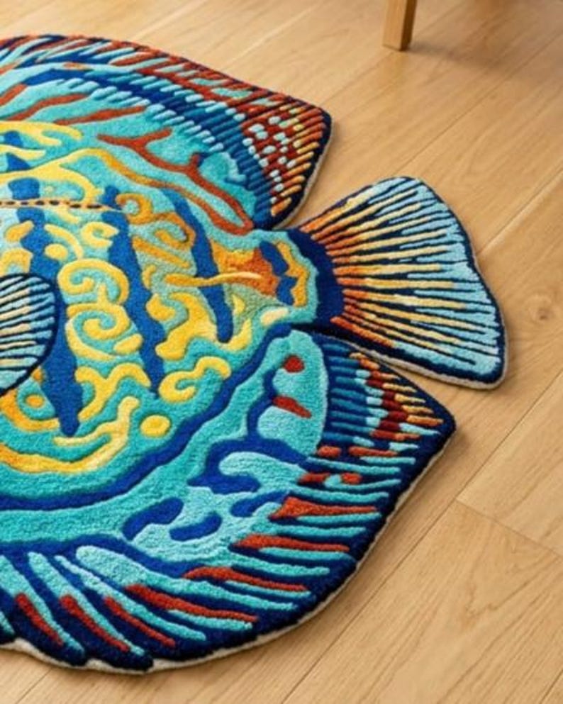 Op de afbeelding: Een kleurrijk, visvormig tapijt met een gedetailleerd ontwerp. Het tapijt heeft tinten blauw, teal, geel en oranje, met ingewikkelde patronen. Het tapijt ligt op een houten vloer en toont zijn levendige kleuren en unieke vorm.