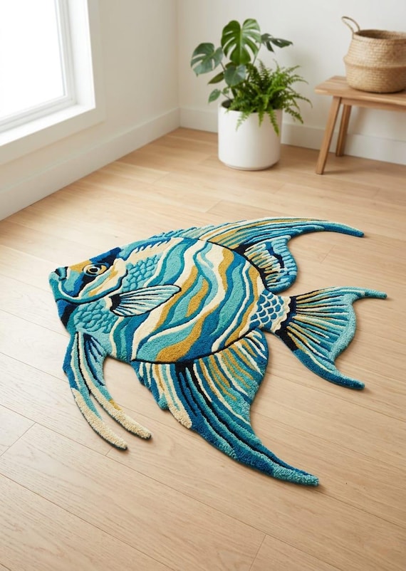 Tropical Fish Rug, Tufted Ocean Theme Area Mat, Coastal Beach House Decor (4x6)