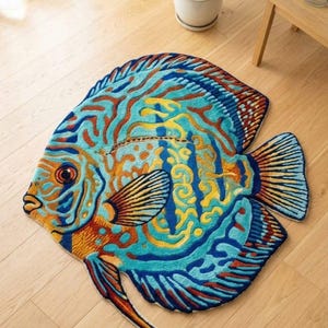 Op de afbeelding: Een kleurrijk, visvormig tapijt met een gedetailleerd ontwerp. Het tapijt heeft tinten blauw, oranje en geel, met ingewikkelde patronen. Het tapijt ligt op een houten vloer en voegt een decoratief tintje toe aan de kamer.