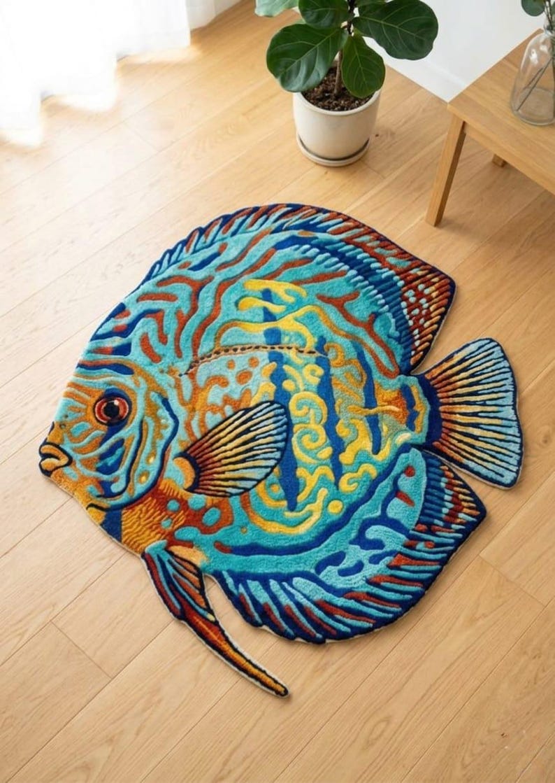 Op de afbeelding: Een kleurrijk, visvormig tapijt met een gedetailleerd ontwerp. Het tapijt heeft tinten blauw, oranje en geel, met ingewikkelde patronen. Het tapijt ligt op een houten vloer en voegt een decoratief tintje toe aan de kamer.
