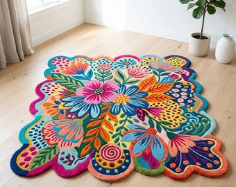 Colorful Floral Tufted Rug, Boho Funky Shape, Wool Blend 6x8 ft