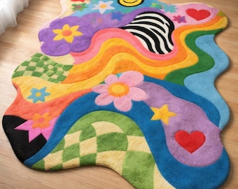 Colorful Wavy Rug, Hand Tufted Rainbow Shag Carpet for Boho Decor
