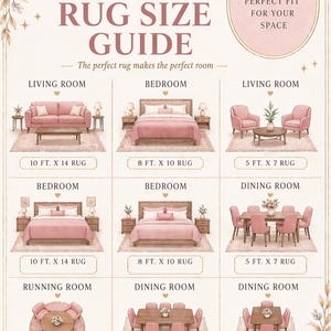 May include: A rug size guide from Qaleen Palace, showing room layouts with different rug sizes. The guide includes examples for living rooms, bedrooms, and dining rooms, with measurements in feet. The text reads "Find the perfect fit for your space."