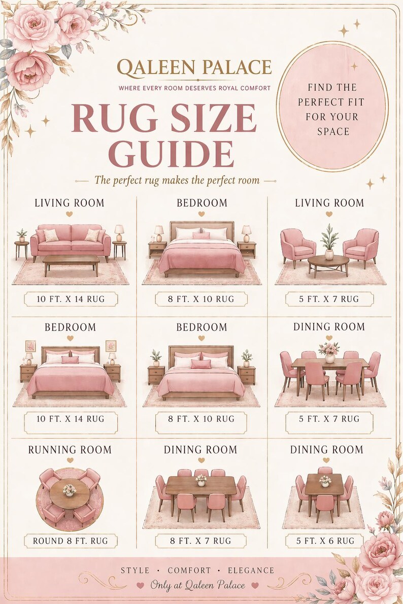 May include: A rug size guide from Qaleen Palace, showing room layouts with different rug sizes. The guide includes examples for living rooms, bedrooms, and dining rooms, with measurements in feet. The text reads "Find the perfect fit for your space."