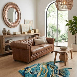 May include: A living room featuring a brown leather sofa, a fish-shaped rug in blue and yellow, and a wooden coffee table. A round mirror and a woven pendant light enhance the decor. The room has a bright, airy atmosphere, with a large arched window.