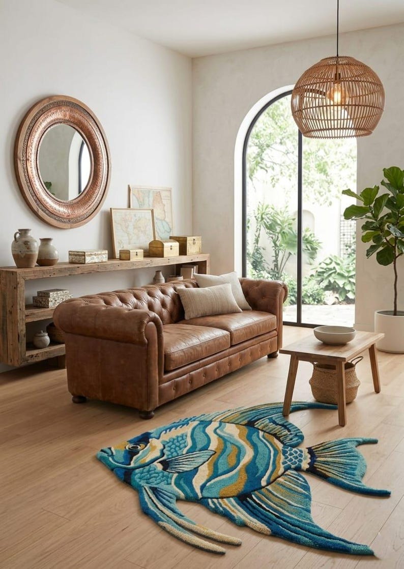 May include: A living room featuring a brown leather sofa, a fish-shaped rug in blue and yellow, and a wooden coffee table. A round mirror and a woven pendant light enhance the decor. The room has a bright, airy atmosphere, with a large arched window.