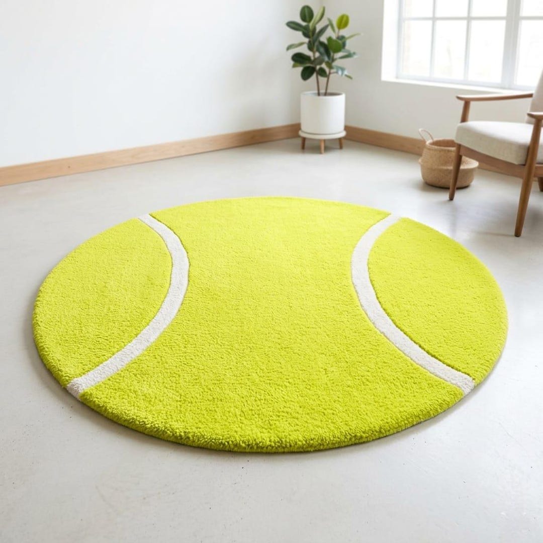 Tennis Coloured Rug Tennis Ball Rug, Round Sports Theme Carpet, Kids Room Decor, Hand ...