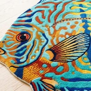 Op de afbeelding: Een kleurrijk, visvormig tapijt met een gedetailleerd ontwerp. Het tapijt heeft een levendig palet van blauw, oranje, geel en rood. Het oog van de vis is een prominente rode cirkel en de vinnen en het lichaam zijn ingewikkeld patroon.