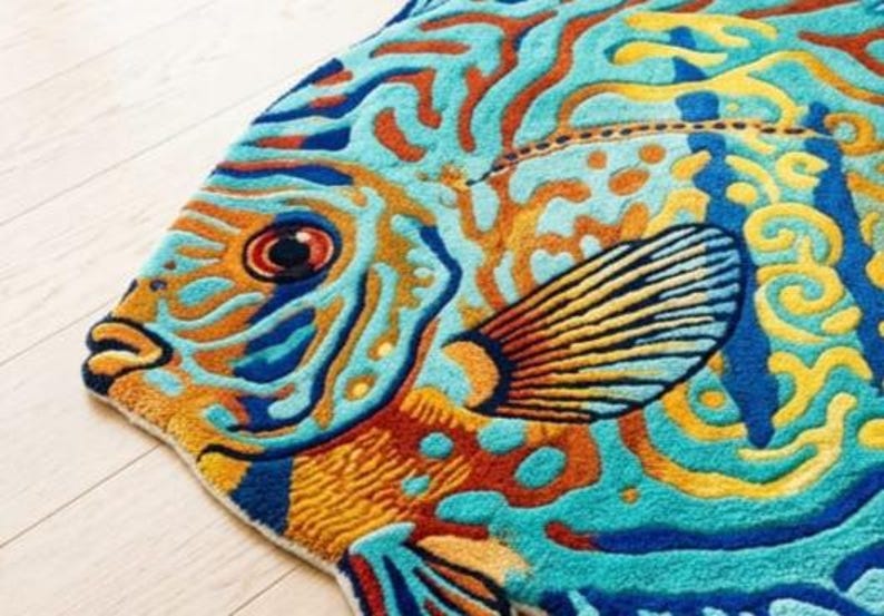 Op de afbeelding: Een kleurrijk, visvormig tapijt met een gedetailleerd ontwerp. Het tapijt heeft een levendig palet van blauw, oranje, geel en rood. Het oog van de vis is een prominente rode cirkel en de vinnen en het lichaam zijn ingewikkeld patroon.