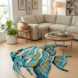 May include: A vibrant, fish-shaped rug in blue, yellow, and white tones lies on a light wood floor in a living room. The room includes a neutral-toned sectional sofa, a round coffee table, and framed botanical prints. The rug adds a decorative touch to the space.