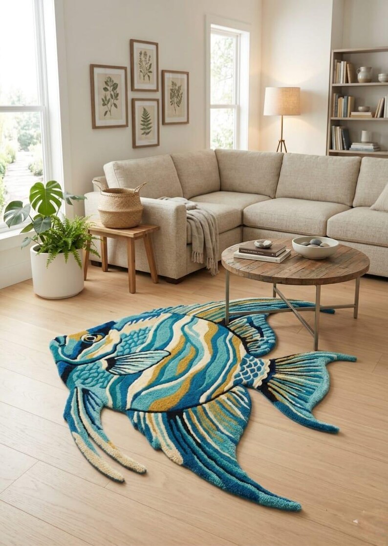 May include: A vibrant, fish-shaped rug in blue, yellow, and white tones lies on a light wood floor in a living room. The room includes a neutral-toned sectional sofa, a round coffee table, and framed botanical prints. The rug adds a decorative touch to the space.