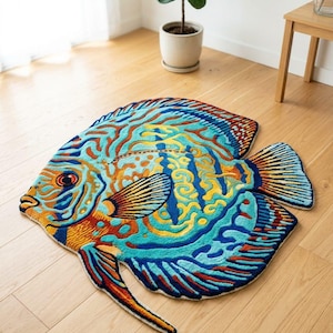 Op de afbeelding: Een kleurrijk, visvormig tapijt met een gedetailleerd ontwerp. Het tapijt heeft tinten blauw, oranje, geel en rood. Het ligt op een lichtgekleurde houten vloer. Het tapijt is een decoratief item voor een huis.