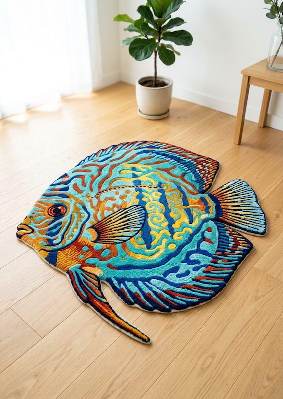 Vibrant Tropical Fish Rug, Colorful Ocean Marine Life Floor Decor