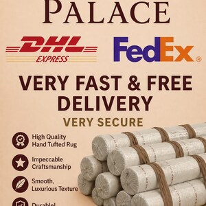 May include: The image displays the text "QALEEN PALACE" alongside DHL and FedEx logos. It highlights "VERY FAST & FREE DELIVERY". Several rolled rugs are shown, with text emphasizing high quality, craftsmanship, and luxurious texture.