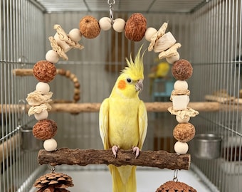 Columpio para pájaros de madera natural con piñas, percha para cacatúas y juguete para buscar alimento, columpio colgante ecológico para loros.