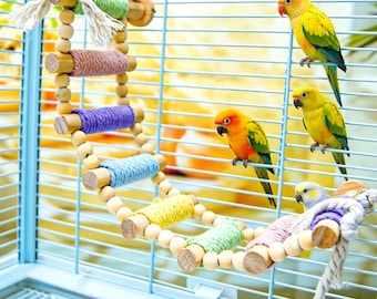 Flexible Bird Ladder Bridge, Colorful Cotton Rope Parrot Swing, Wooden Climbing Perch