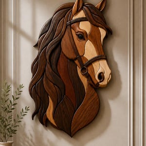 May include: A wall-mounted horse head sculpture crafted from layered wood in varying shades of brown. The piece features a detailed mane, a bridle with a circular metal ring, and a smooth finish, showcasing natural wood grain patterns throughout.